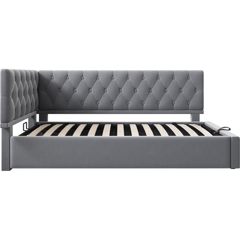 Cama diván 90 x 190 cm de terciopelo gris con arcón hidráulico MODENUIT (1/5)
