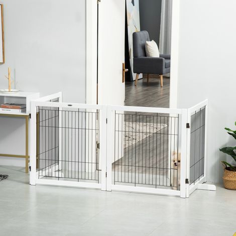 Puerta de seguridad para perros de madera de pino y malla de acero blanca 305 x 35,5 x 82 cm (1/5)