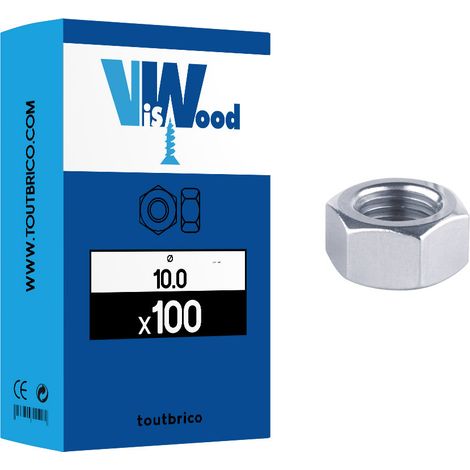 100 écrous hexagonaux Ø 10mm Acier zingué blanc - Viswood