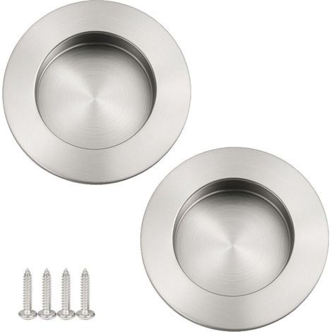 Lot de 2 Poignées Encastrable Porte Coulissante Ronde Poignet Porte Encastrée Inox Argent Brossé Satiné Poignee de Meuble avec Vis pour Placard Tiroir Grange Armoire - Ø intérieur 40 mm (1/5)