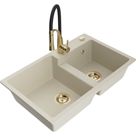 Mexen Tomas lavello in granito a 2 vasche con miscelatore da cucina Aster, beige - 6516-69-73450-57-G (1/5)