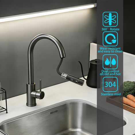 Duschparadies Küchenarmatur Ausziehbar mit 2 Sprühmodi Hochdruck Wasserhahn Küche Gunmetal Grau (1/5)