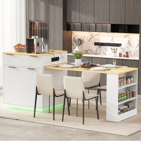 Îlot de cuisine avec table extensible, LED, multiprise et rangement, blanc (1/5)