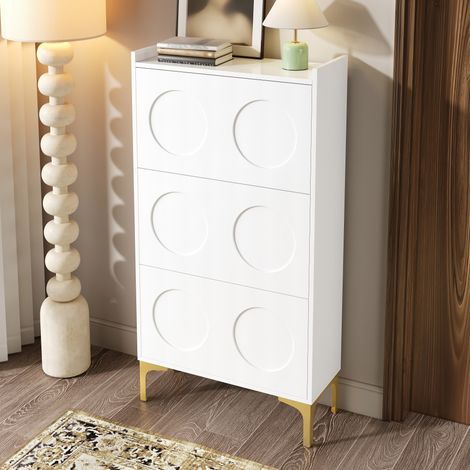 Schuhschrank MDF Weiß 63 x 24 x 120 cm, 3 geschlossene Fächer, feste Einlegeböden, platzsparendes Hochformat