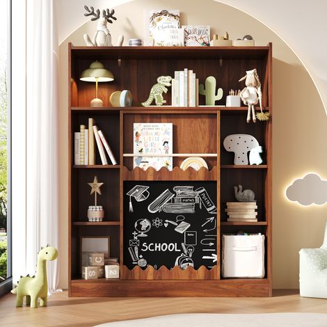 Scaffale libreria in MDF noce con lavagna scorrevole, 9 vani e portariviste, 120 x 38,5 x 151,5 cm