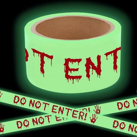 1 rouleauRuban de signalisation d'Halloween phosphorescent, rouleau de 5 cm x 5 m (2 po x 16,4 pi)  Rubans d'avertissement effrayants pour barrières extérieures et intérieures, décoration de sécurité (1/5)