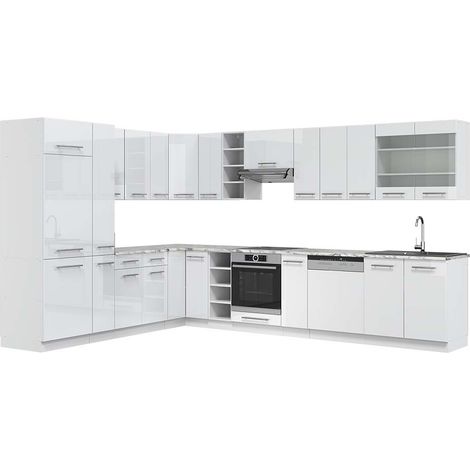Cuisine en angle Fame-Line, Blanc Haute brillance/Blanc, 347 x 257 cm, PT Marbre, Vicco
