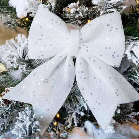 Noeud Papillon Noël Deco 20x25 cm étoile paillettes - Blanc / Unité - SILUMEN (1/5)