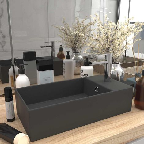 Lavabo de salle de bain avec trop-plein Céramique Gris foncé (1/5)