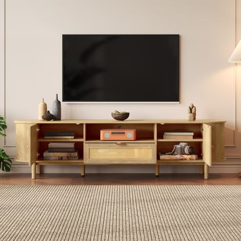 Meuble TV 175x36x51 cm avec tiroirs en rotin et niches ouvertes, plateau arrondi, meuble multifonction pour salon, panneaux de fibres, bois naturel (1/5)