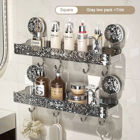 (Mix 6-M) Étagère de rangement de salle de bain transparente et légère, fixation murale luxueuse, non perforée, ventouses puissantes (1/5)