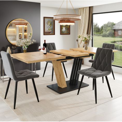 Table extensible 120x80x76 cm, table à manger 4-6 pers., mécanisme papillon, plateau MDF, pieds métal, marron clair et noir (1/5)