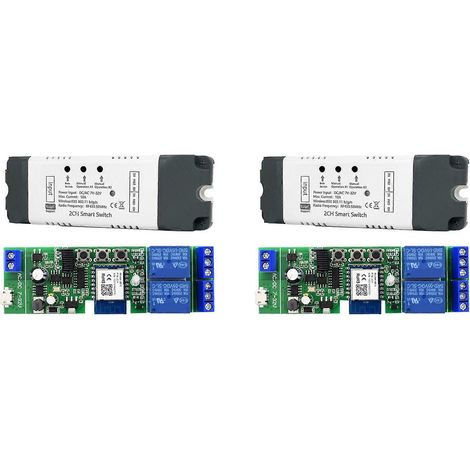 2 modules relais intelligents Tuya WiFi 2 canaux AC/DC 7-32V avec télécommande sans fil RF/APP pour la maison connectée, compatibles avec Alexa et Google Home. (1/5)