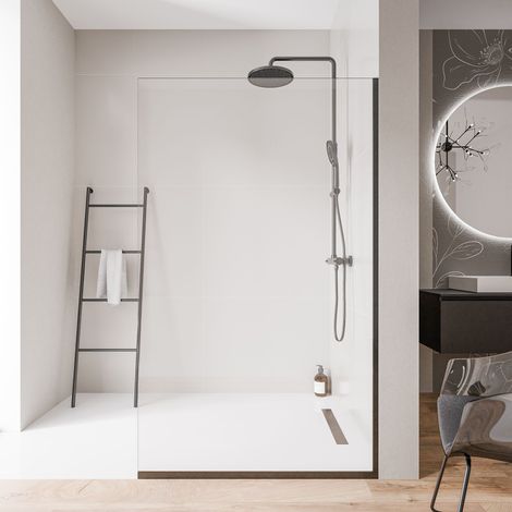 BERNSTEIN - Mampara de ducha italiana 140x200 cm, cristal NANO 10 mm, perfil de pared + suelo negro mate - EX102
