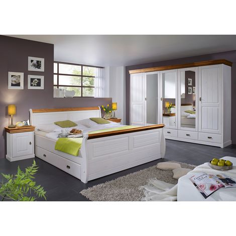 Schlafzimmer Set SAVONA-69 in Kiefer massiv weiß mit honig, Bettgestell 180x200 cm (1/5)