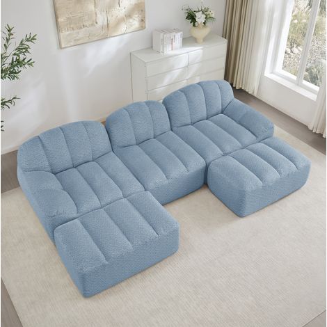 Canapé modulaire en U 288x165x79 cm bleu en tissu polaire texturé avec 2 ottomanes (1/5)