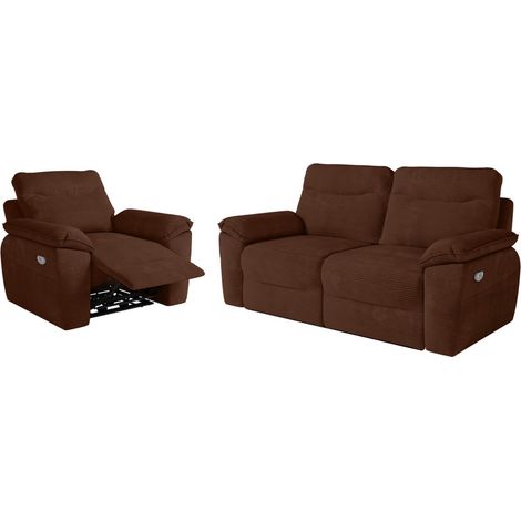 PACK - Canapé de relaxation ROSS électrique 3 places et fauteuil en velours côtelé - Marron (1/5)