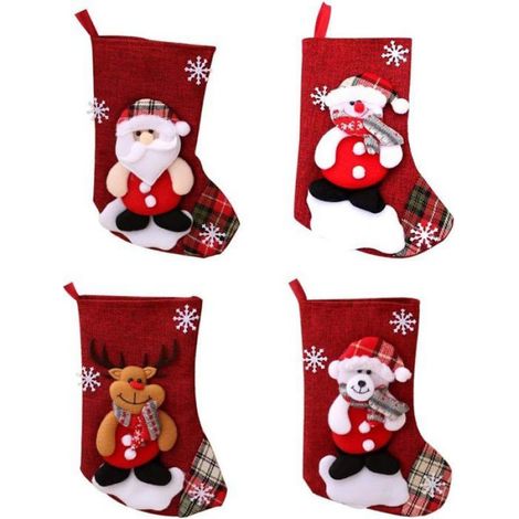 4 Chaussettes de Noël,Design 3D,Tissu brossé,Décoration cheminée,Sac cadeau (1/5)