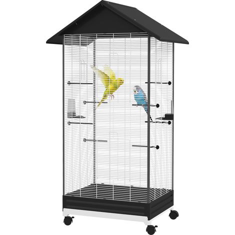 Cage à oiseaux sur pied avec roulettes – Volière intérieure en fil d'acier noir, 79 x 65 x 155 cm, 2 mangeoires, 8 perchoirs (1/5)