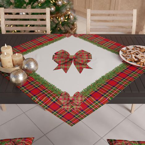 Centre de Table de Noël 90x90 cm, Tissu en Microfibre Doux et Résistant, Décoration Élégante pour Fêtes, Motif 'Noeud Tartan', 100% Fabriqué en Italie (1/3)