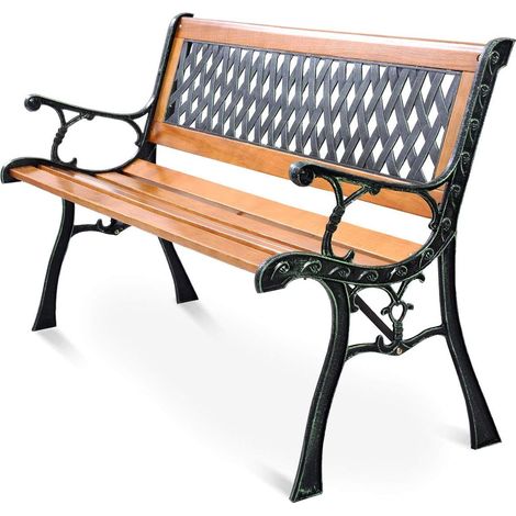 Goplus – Banc de jardin 2 places en pin et métal – Assise ondulée ergonomique – Dossier décoratif tressé PVC – Dimensions 125x52x73cm (1/5)