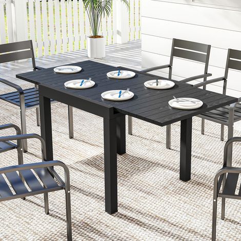 Ausziehbarer Gartentisch für 4–6 Personen mit integrierter Ausziehplatte, Aluminium in Holzoptik, 80–160 x 80 cm, schwarz