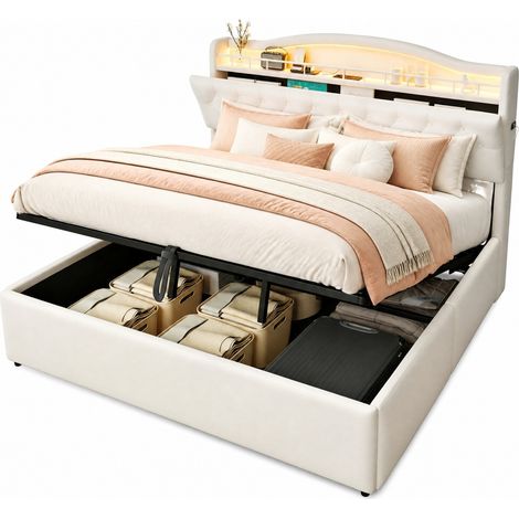 CHICFURN Cama tapizada 180x200 cm beige con almacenaje hidráulico, cabecero con LED, puertos USB y USB-C, baúl oculto y estructura metálica resistente (1/5)