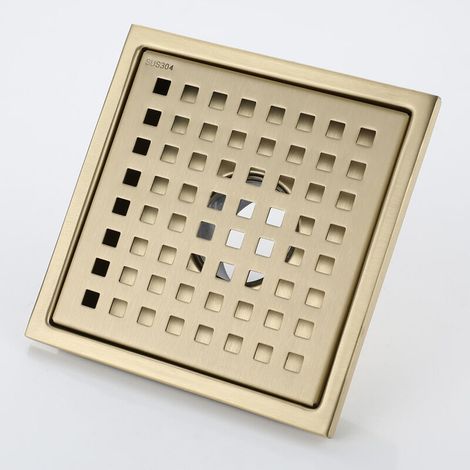 Couvercle de siphon de sol - Noyau anti-odeurs en laiton - Or brossé - Carré en acier inoxydable - 15 x 15 cm (1/5)
