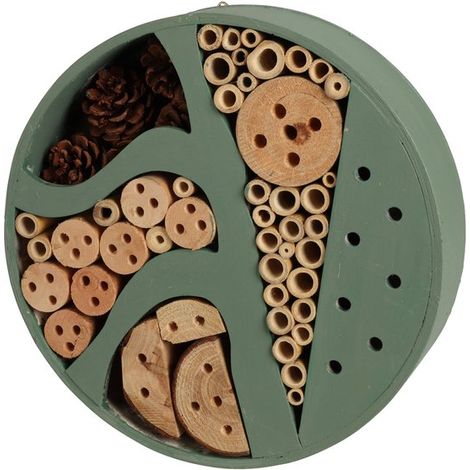Hôtel à insectes rond - bois - vert - 25 x 6,5 cm - hôtel à abeilles / maison à insectes (1/2)