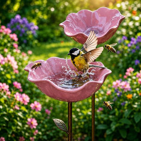 Piquet de jardin artisanal en métal en forme de fleur - Mangeoire rose avec bol floral et piquet décoratif, 60cm de haut (1/5)