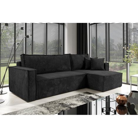 Tendencio – Canapé d'angle convertible en velours côtelé noir – Dimensions L240 x P150 x H72 cm – Coffre de rangement – Réversible