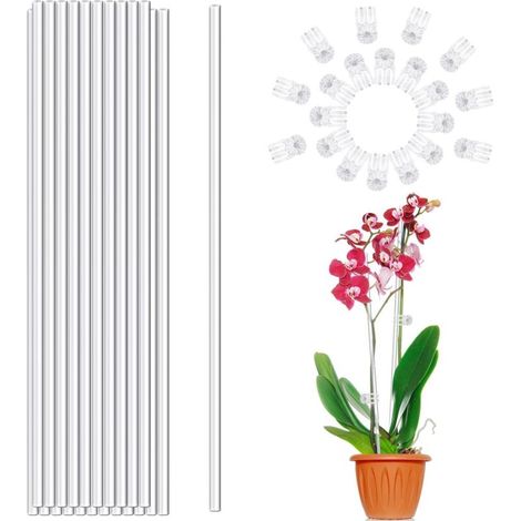 Tuteurs pour plantes, 20 pièces de 45,7 cm en acrylique transparent pour orchidées, tige unique, pour plantes d'intérieur et d'extérieur, orchidées, plantes en pot, tomates (avec 20 clips) (1/4)