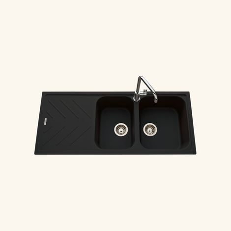Évier granit noir 2 bacs à encastrer – Égouttoir réversible – Bonde et siphon inclus – Dimensions 1160x500mm – Luisina (1/3)