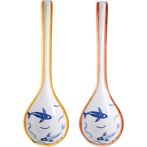 2 cuillères à soupe en céramique, manche long et incurvé, porcelaine sous-glacée pour nouilles, riz et soupes asiatiques
