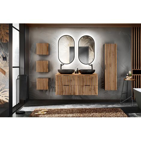 Ensemble complet de salle de bain avec meuble double vasques 120 cm + 5 éléments - Sylve Black Wotan - Livraison gratuite