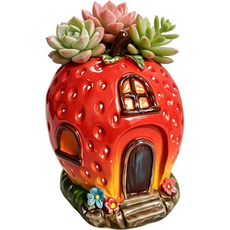 Vase Fraise Décoration Mignonne en Forme de Maison Fraise Vase à Fleurs en Résine Décoratif Idéal pour la Maison, le Bureau, la Terrasse Extérieure, le Balcon, le Jardin, la Cour, la (1/5)