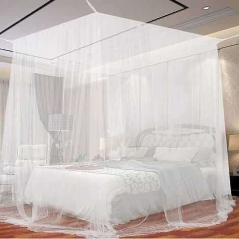 Moustiquaire Lit Baldaquin Carré Blanc 190x210x240cm Grande Taille Intérieur Extérieur Simple Double (1/5)