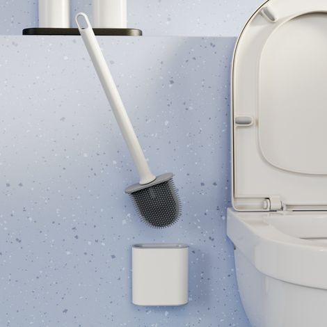 Brosse WC Silicone Plate- Brosse Toilette et Supports, Anti-goutte, Antibactérienne, Balayette WC Ventilée, Séchage Rapide sans Odeur, Balai WC Montage Mural/au Sol, Salle de Bain et WC Blanc (1/4)