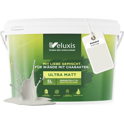 Wandfarbe Hellgrau Beige Creme Matt Innenfarbe – Deckkraft Klasse 1, VOC-frei, Ohne Grundierung, Tropfarm – Wohnzimmer & Schlafzimmer – 5L – Veluxis (Shady Sugar)