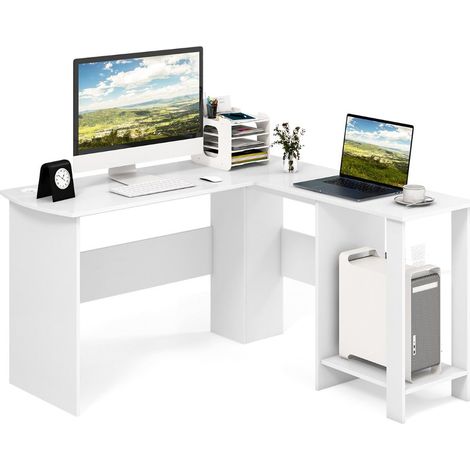 Bureau d'angle en forme de L 130 x 130 x 74 cm 2 étagères rangement modulable décoratif en bois blanc