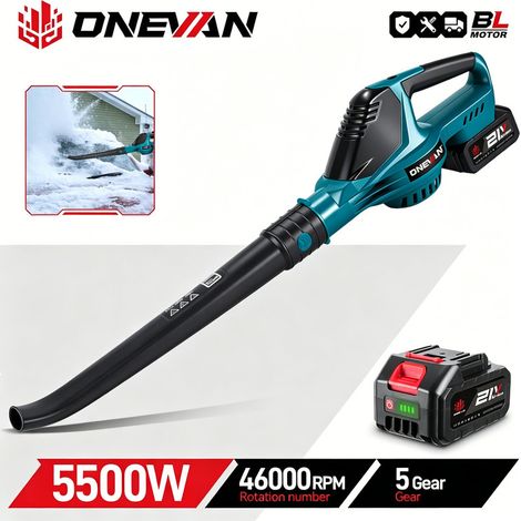 Souffleur électrique sans fil ONEVAN 5500 W – Moteur brushless 46 000 tr/min, pour feuilles, poussière et neige, compatible batterie Makita 18V