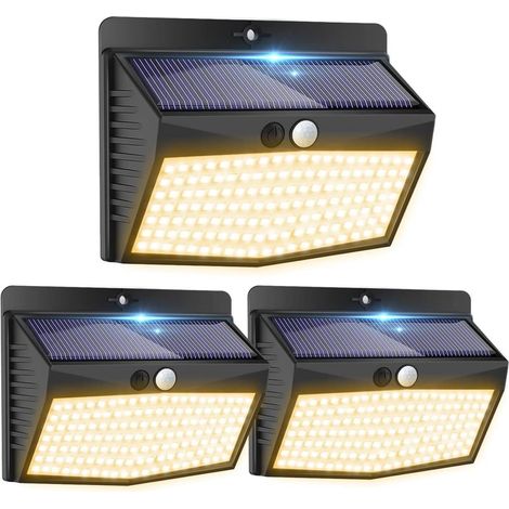 Luces solares exteriores de color blanco cálido [paquete de 3 de 138 LED] Luces solares inalámbricas con sensor de movimiento de 3 modos, iluminación solar exterior impermeable para decoración de jard (1/5)