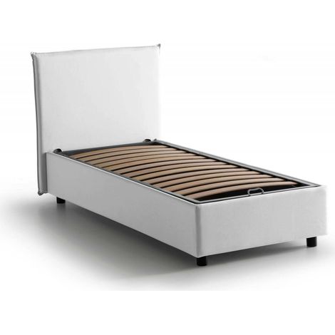 Talamo Italia Letto singolo Cira, Letto contenitore con rivestimento in tessuto, 100% Made in Italy, Apertura frontale, adatto per materasso Cm 90x200, Bianco, con imballo rinforzato