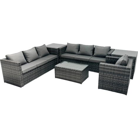 Fimous Rattan Garden Furniture Dining Set 7-seater Patio Coffee Table Sofa Set with 2 Side Tables Dark Grey Mixed (1/4)