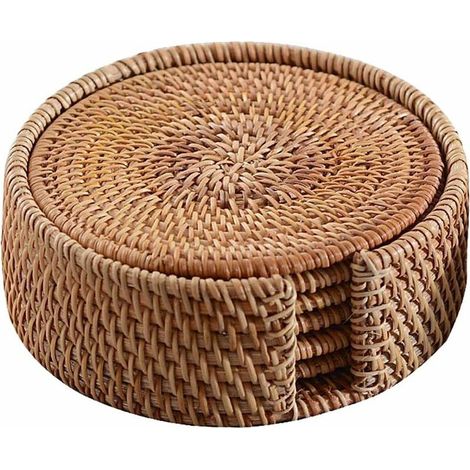 Rattan Woven Coasters Round Coasters Insulation Pads Desk Mat - 6 Pieces