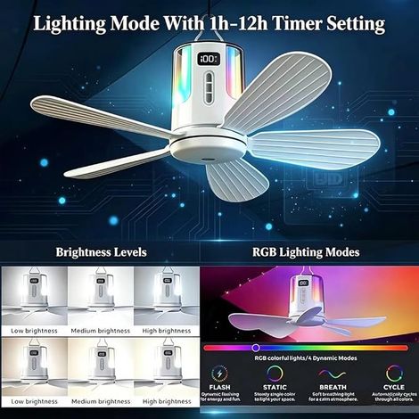 Portable Ceiling Fan, Ceiling Fan with Light and Remote Control, with LED Light, Timer, USB Rechargeable, Adjustable Speed, Quiet, Camping Fan (40cm-10800mAh) (1/5)