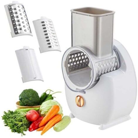 Electric Cheese Grater, Electric Salad Maker, Multi Grater, Fruit Cutter, Professional Automatic Chopper with Multiple Conical Blades for Fruits and Vegetables, Stainless Steel, White (1/4)