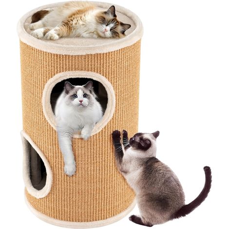 COSTWAY Cuccia per Gatti a 3 Piani, Cassetta Multilivello con Tappetino per Graffi in Sisal e Letto Morbido per Pisolini, Torre a Forma di Barile per Gattini, 36 x 36 x 60 cm (1/5)