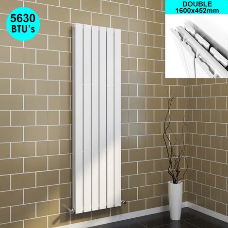 ELEGANT 1600 x 452 mm Designer Vertical Column Radiator White Double Flat Panel with Angled Radiator Valves (1/5)