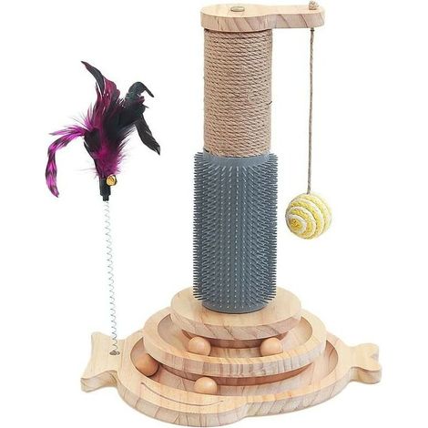 Jouets pour Chat 5 en 1, Griffoir pour Chat avec Boule Suspendue, Jouet de Piste pour Chat en Bois avec Plume à Ressort